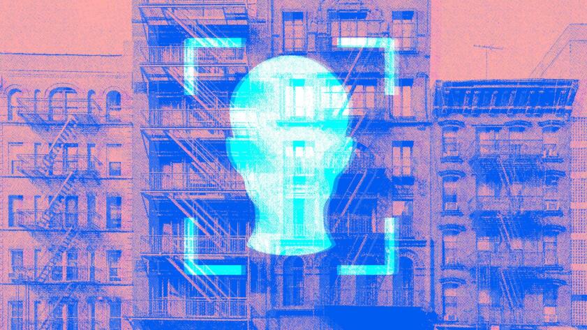 Photo illustration of the silhouette of a head wrapped in square angular brackets, set against a background of apartment buildings